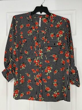 NY Collection Black Gingham Blouse with Red Rose Print
